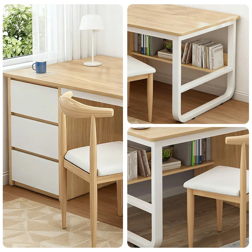 LIVARA Office Desk and Chair Set 100/120/140cm Space-Saving Design, Thickened Panels, Stable U-Legs, Rounded Edge - Wood - Image 3