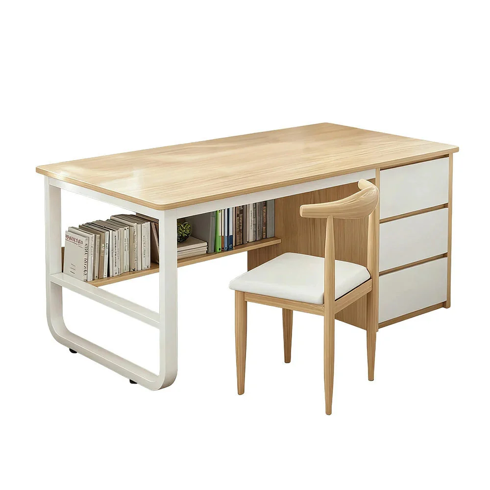 LIVARA Office Desk and Chair Set 100/120/140cm Space-Saving Design, Thickened Panels, Stable U-Legs, Rounded Edge - Wood - Image 6