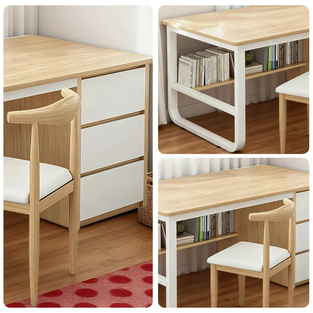 LIVARA Office Desk and Chair Set 100/120/140cm Space-Saving Design, Thickened Panels, Stable U-Legs, Rounded Edge - Wood - Image 8