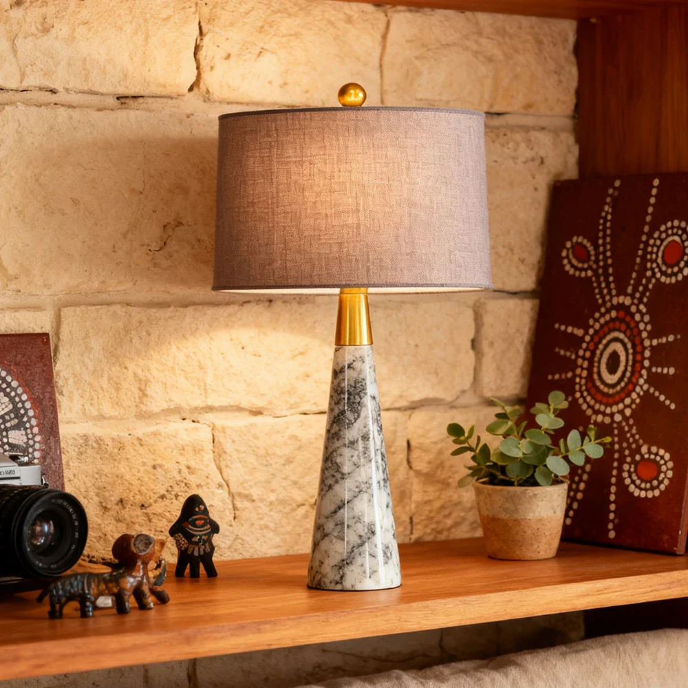 LIVARA Table Lamp Creative Design Soft Fabric Shade Natural Marble Base E27 Socket - Grey - Image 2