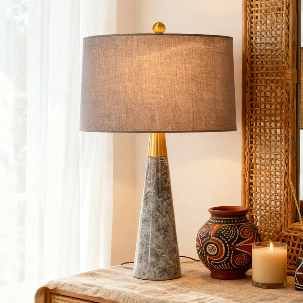 LIVARA Table Lamp Creative Design Soft Fabric Shade Natural Marble Base E27 Socket - Grey - Image 4