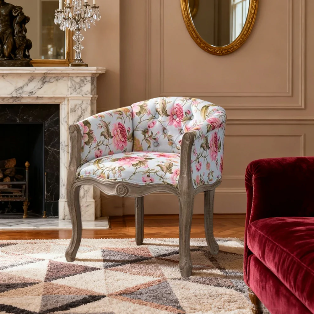 LIVARA Color Patchwork Vintage Accent Armchair - Colorful Patchwork Fabric Upholstery, Solid Wood Frame, Tufted Backrest, Elegant Living Room Single Sofa Chair - Pink - Image 4