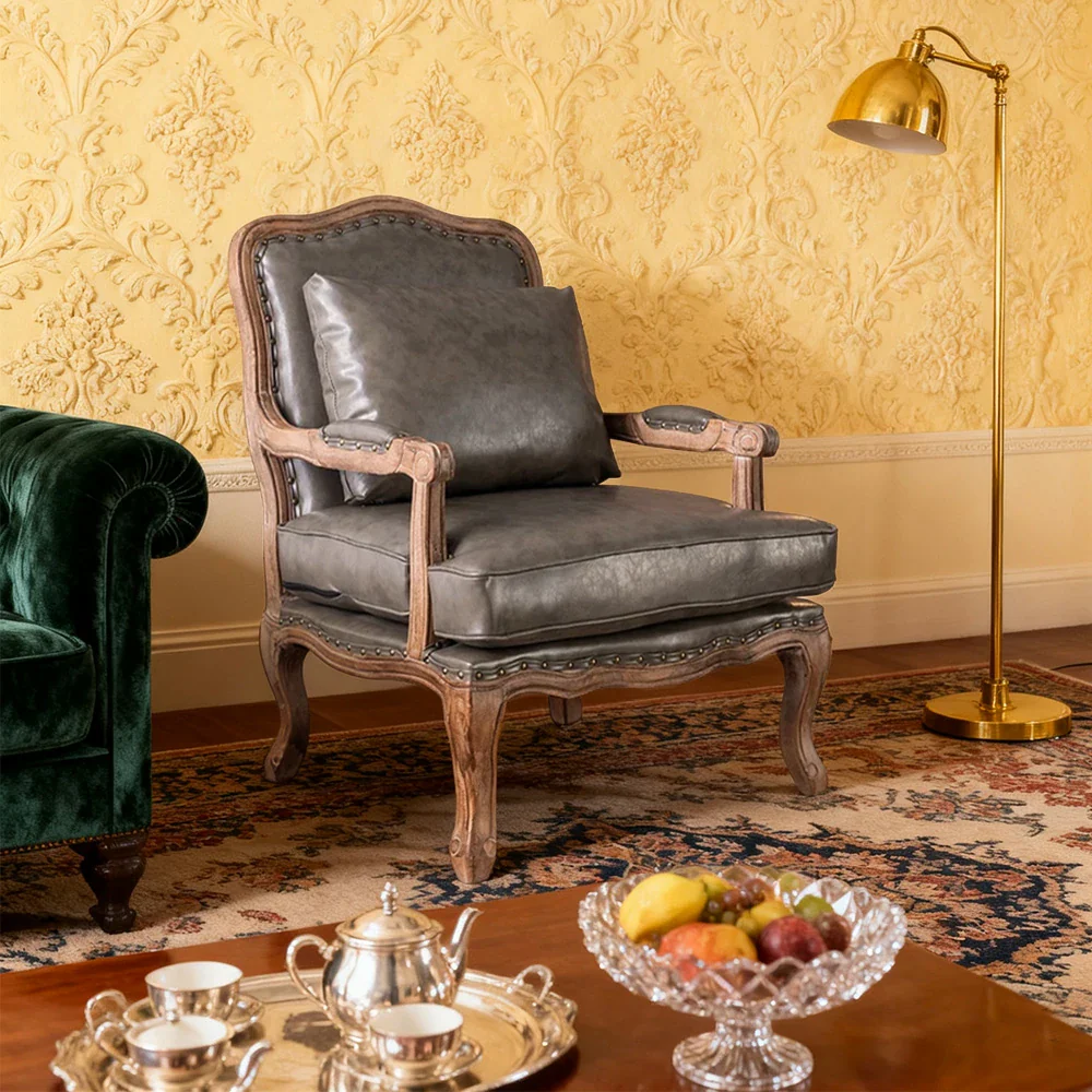 LIVARA Green Orchid Embroidered Velvet Armchair with Matching Ottoman - Soft Velvet Upholstery, High-Resilience Cushion, Solid Wood Frame - Grey - Image 4
