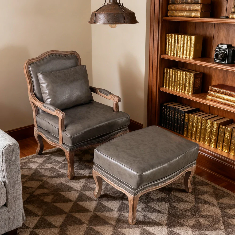LIVARA Green Orchid Embroidered Velvet Armchair with Matching Ottoman - Soft Velvet Upholstery, High-Resilience Cushion, Solid Wood Frame - Grey - Image 9