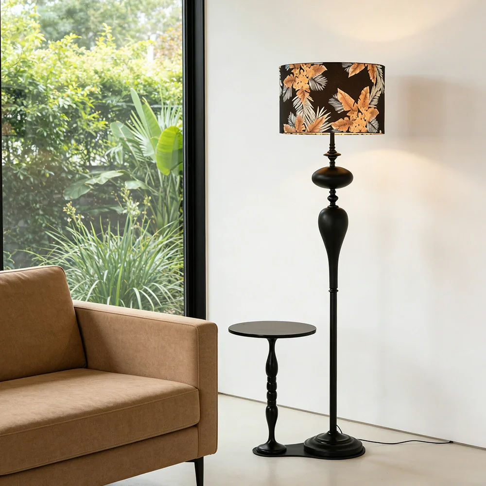 LIVARA Floor Lamp Three-Mode Lighting Beech Wood Tabletop Handwoven Fabric Shade Space-Saving Design - Image 2