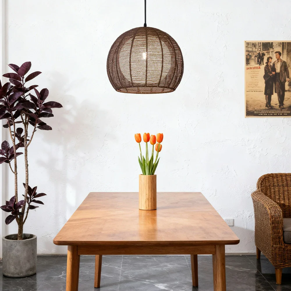 LIVARA 30/36/50cm Hemp Rope Pendant Light, Handcrafted Round Lampshade with E27 Bulb Included Creative Woven Desig - Coffee - Image 2