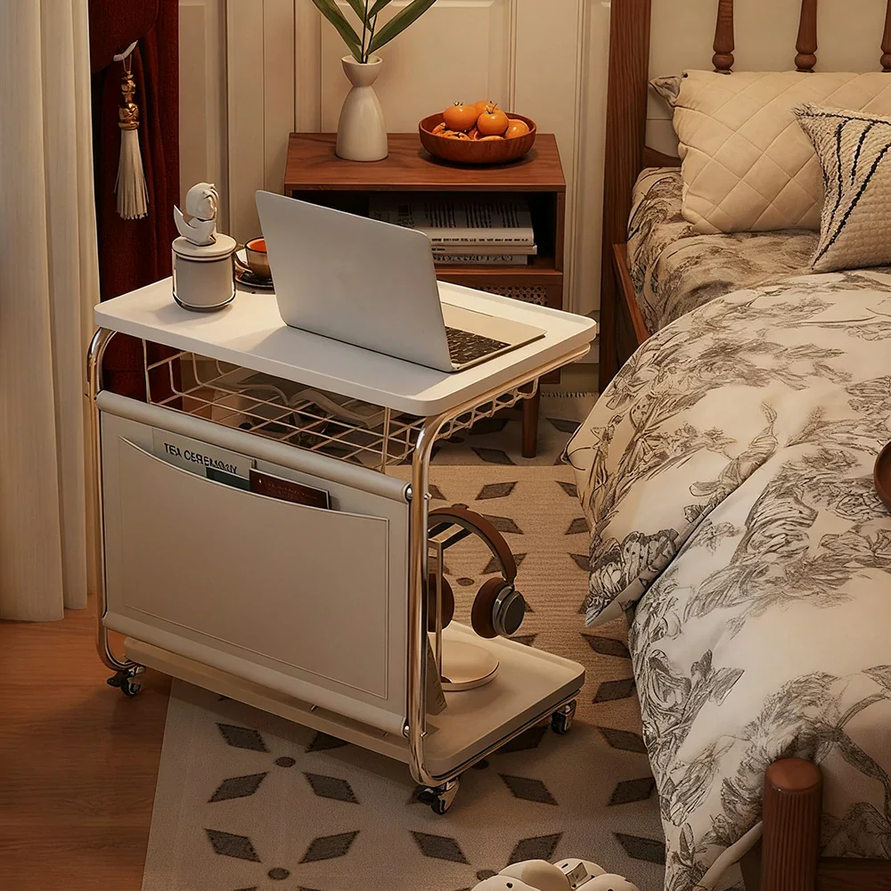 LIVARA 60cm Bedside Coffee Table, C-Shaped Computer Desk with Plated Metal Base & Wood Grain Top, Multi-Tier Storage, Side Pocket, Lockable Wheels - White - Image 2