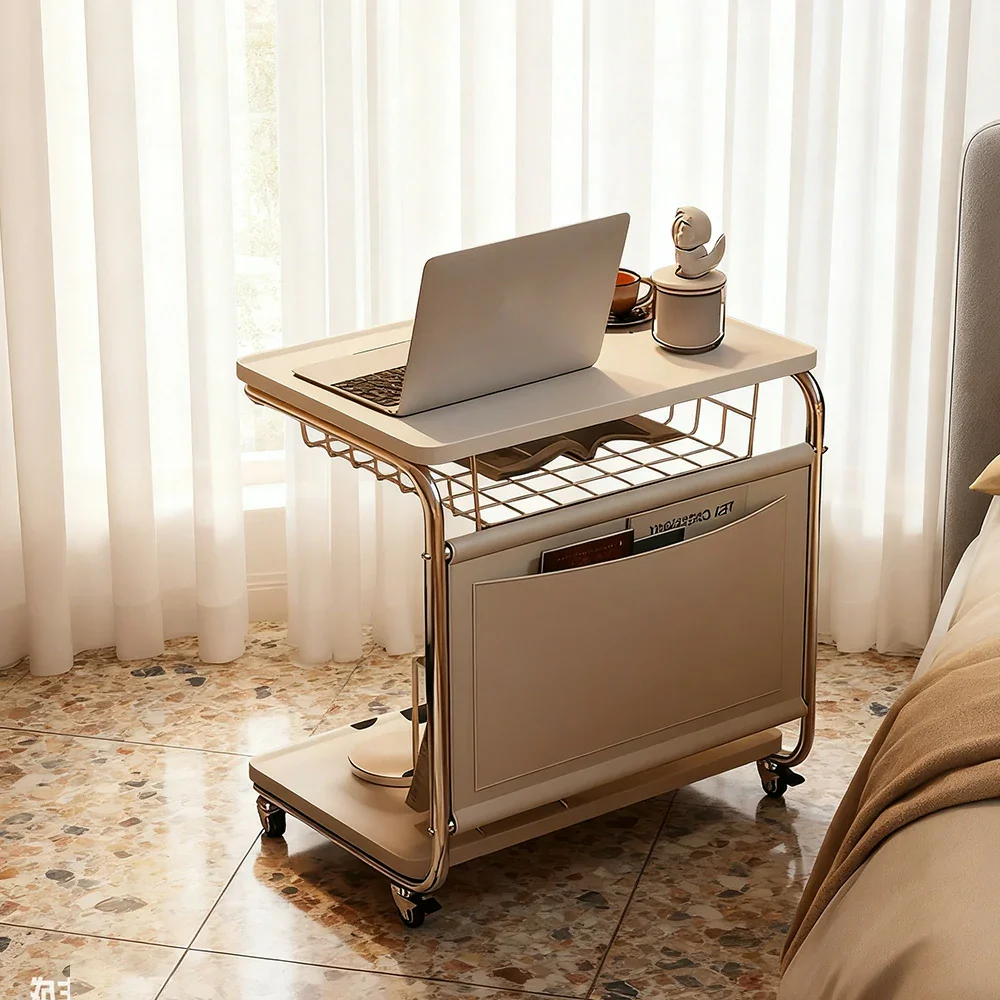 LIVARA 60cm Bedside Coffee Table, C-Shaped Computer Desk with Plated Metal Base & Wood Grain Top, Multi-Tier Storage, Side Pocket, Lockable Wheels - White - Image 4
