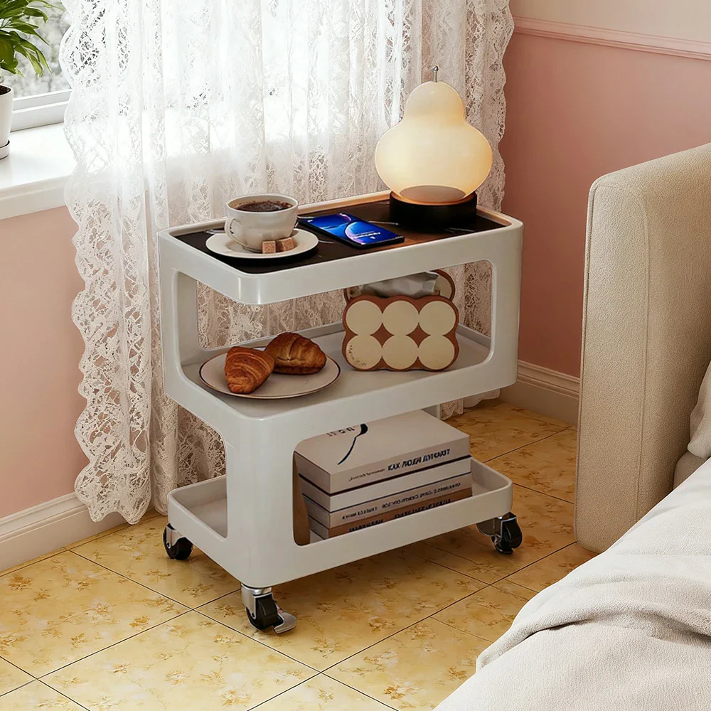 LIVARA Coffee Side Table, Matte Black Carbon Steel Frame, Sintered Stone Top, Three-Tier Storage, Lockable Wheels - White - Image 14