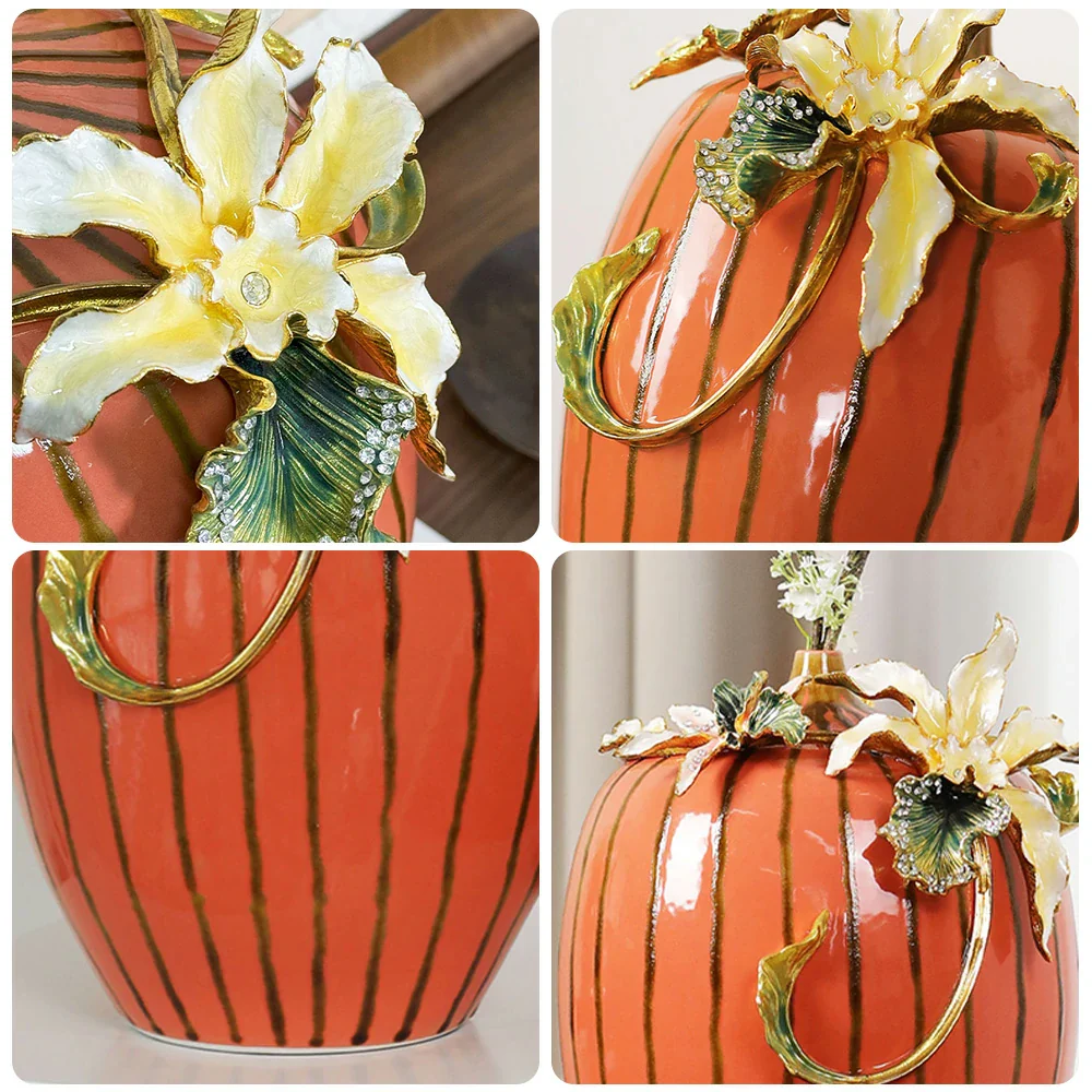 LIVARA Vintage Enamel Ceramic Vase - Sculptural Floral Relief with Handcrafted Gloss Finish, Elegant Statement Decor for Classic & Modern Interiors - Burnt Orange - Image 3