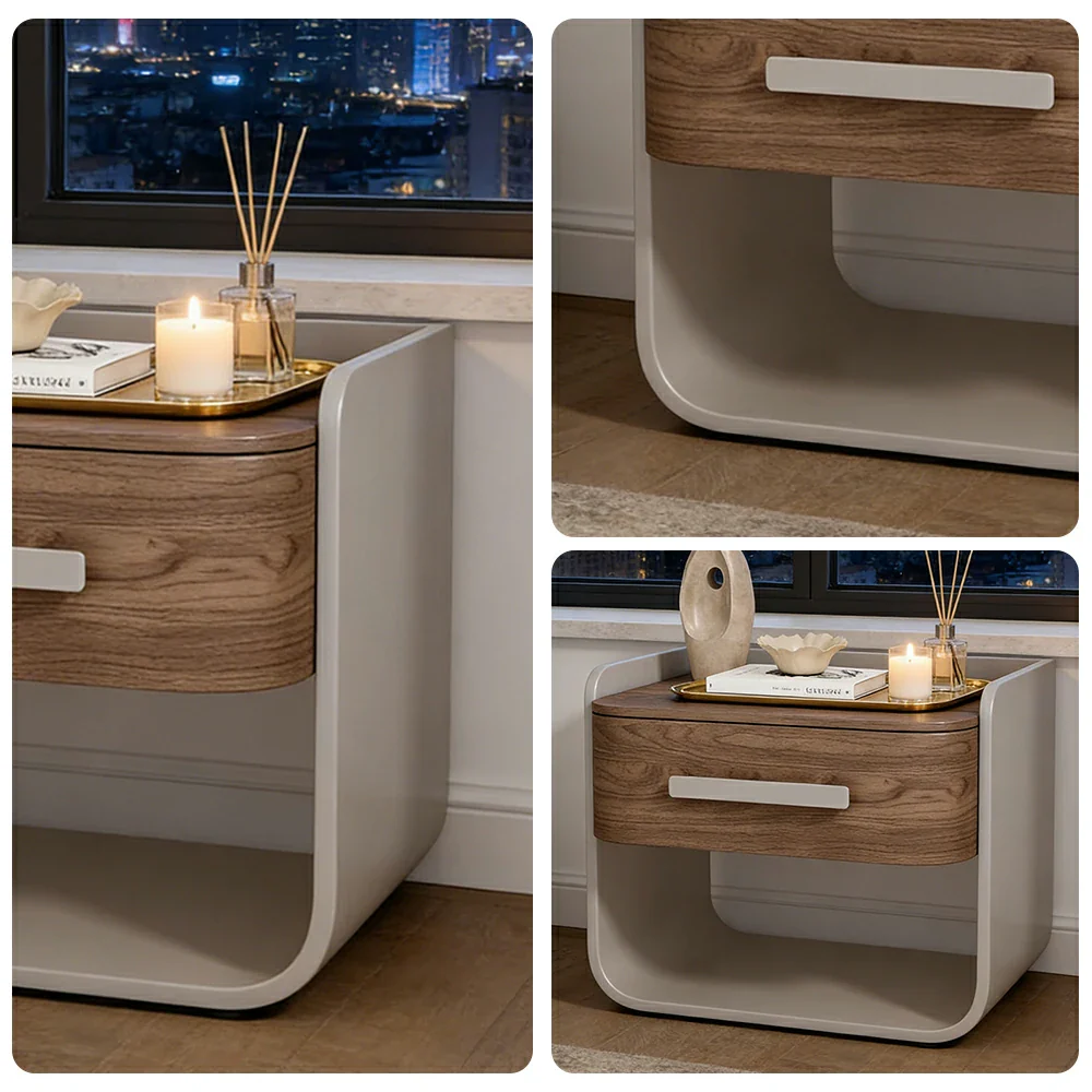 LIVARA Bedside Table - Large Drawer Storage, High-Gloss Piano Finish, Wood-Grain Veneer, Quiet Sliding Rails - Grey - Image 3