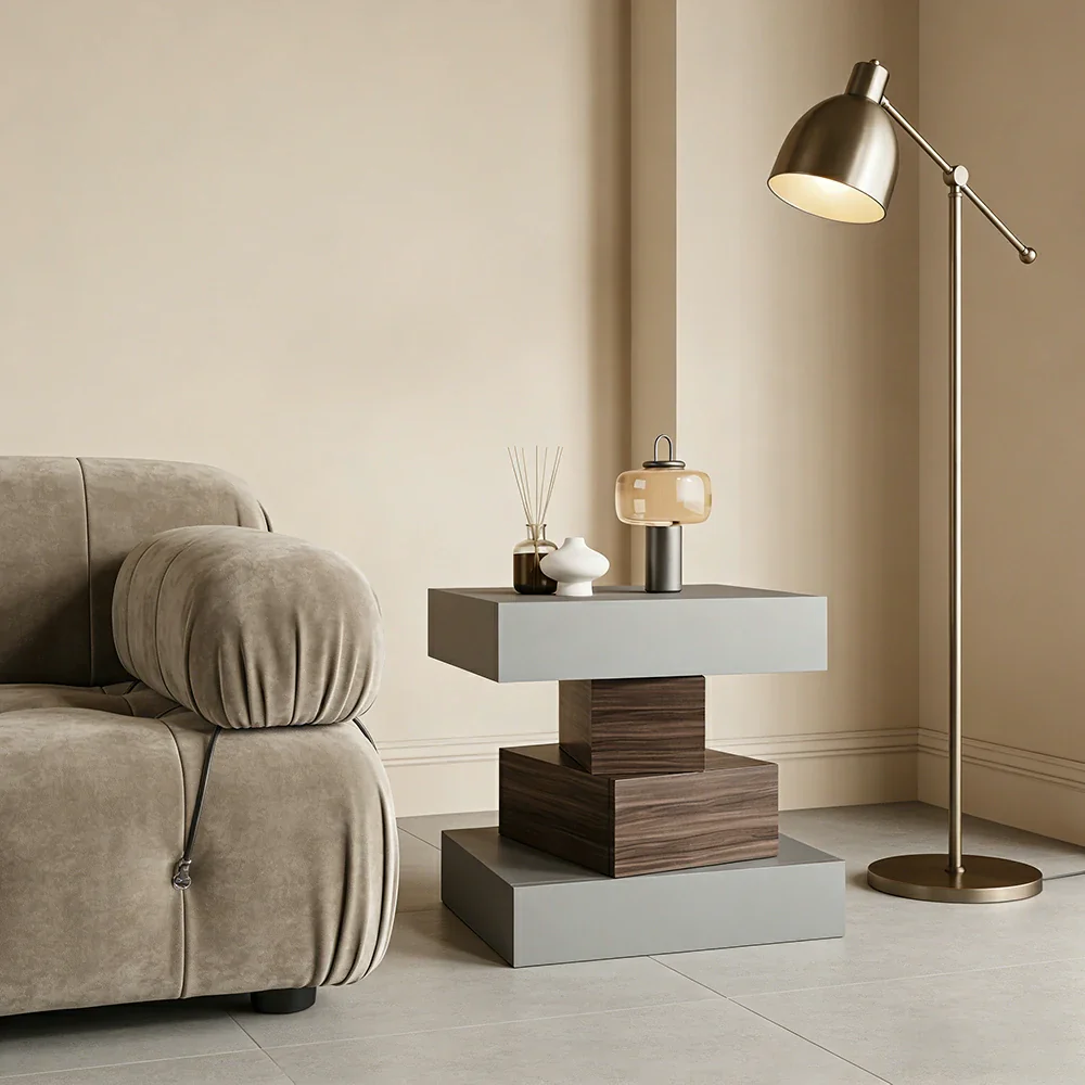 LIVARA Bedside Table - Four Drawer Storage, Leather Upholstery, 50cm Nightstand for Bedroom - Light Grey & Walnut - Image 2