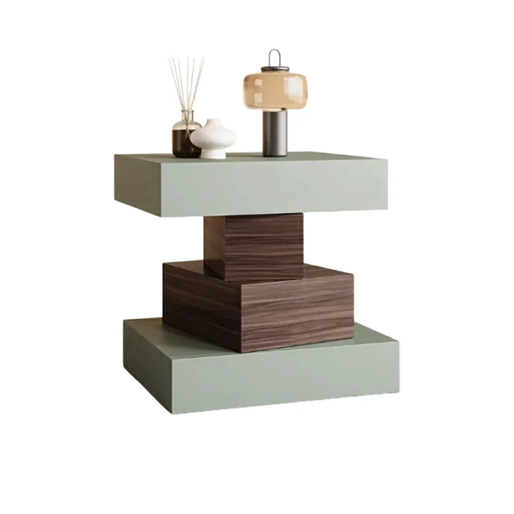 LIVARA Bedside Table - Four Drawer Storage, Leather Upholstery, 50cm Nightstand for Bedroom - Avocado Green & Walnut