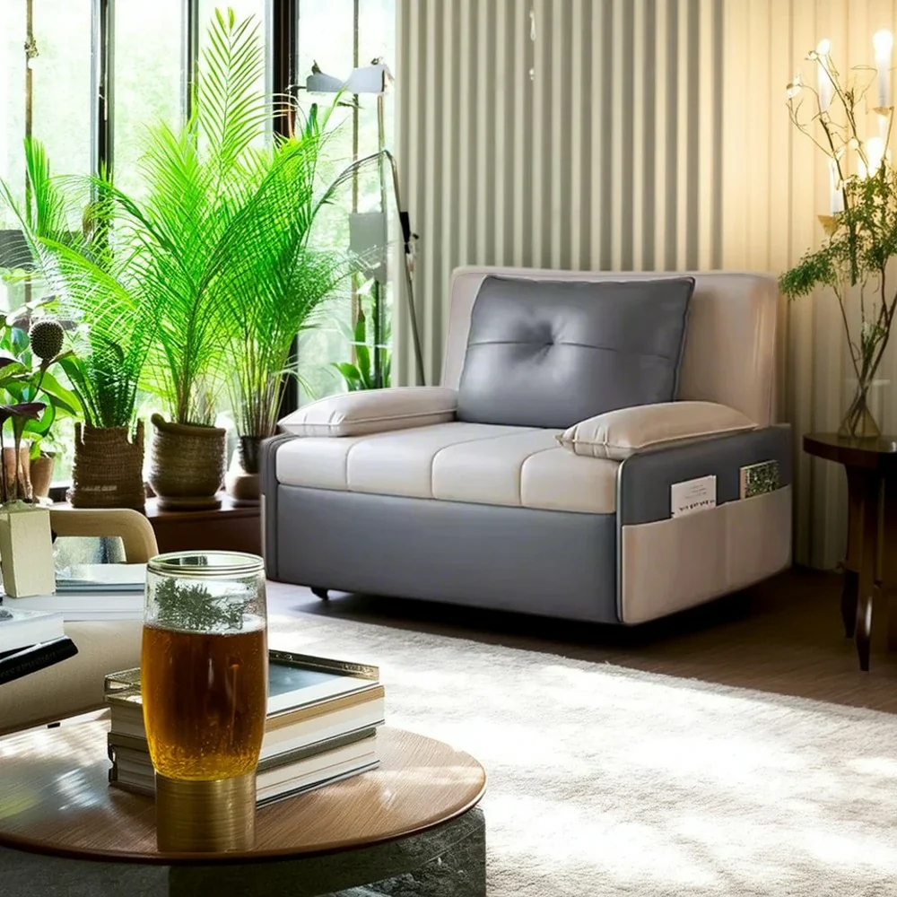 LIVARA 77/113cm Sofa Bed, Sofa to Bed Design, Leather-Look Performance Fabric, Steel Frame, Side Storage Pocket - Beige&Grey - Image 4