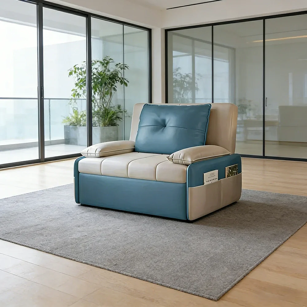 LIVARA 77/113cm Sofa Bed, Sofa to Bed Design, Leather-Look Performance Fabric, Steel Frame, Side Storage Pocket - Beige&Blue - Image 4