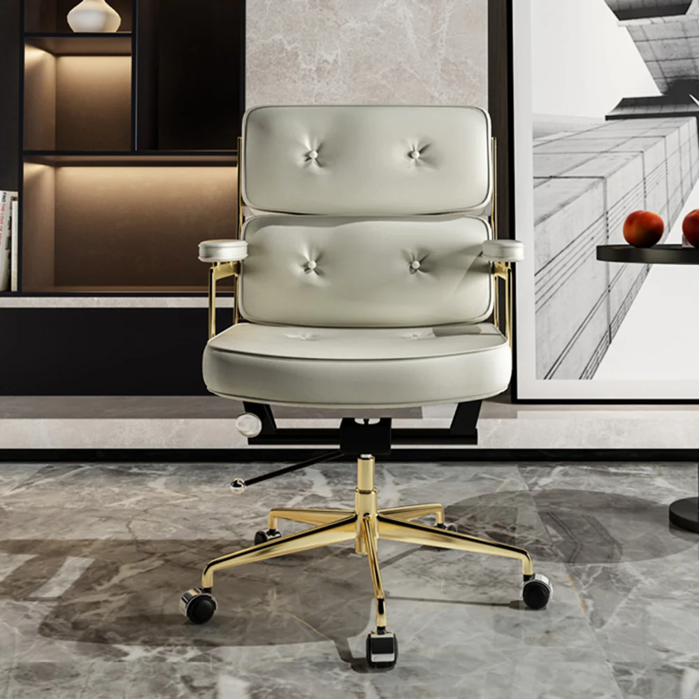 LIVARA Office Chair Tufted Backrest & Arm Support, Nappa Leather, High-Density Foam, Gas Lift & 360° Swivel - White - Image 2