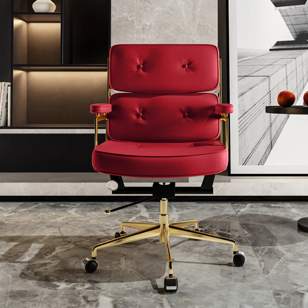 LIVARA Office Chair Tufted Backrest & Arm Support, Nappa Leather, High-Density Foam, Gas Lift & 360° Swivel - Wine - Image 2