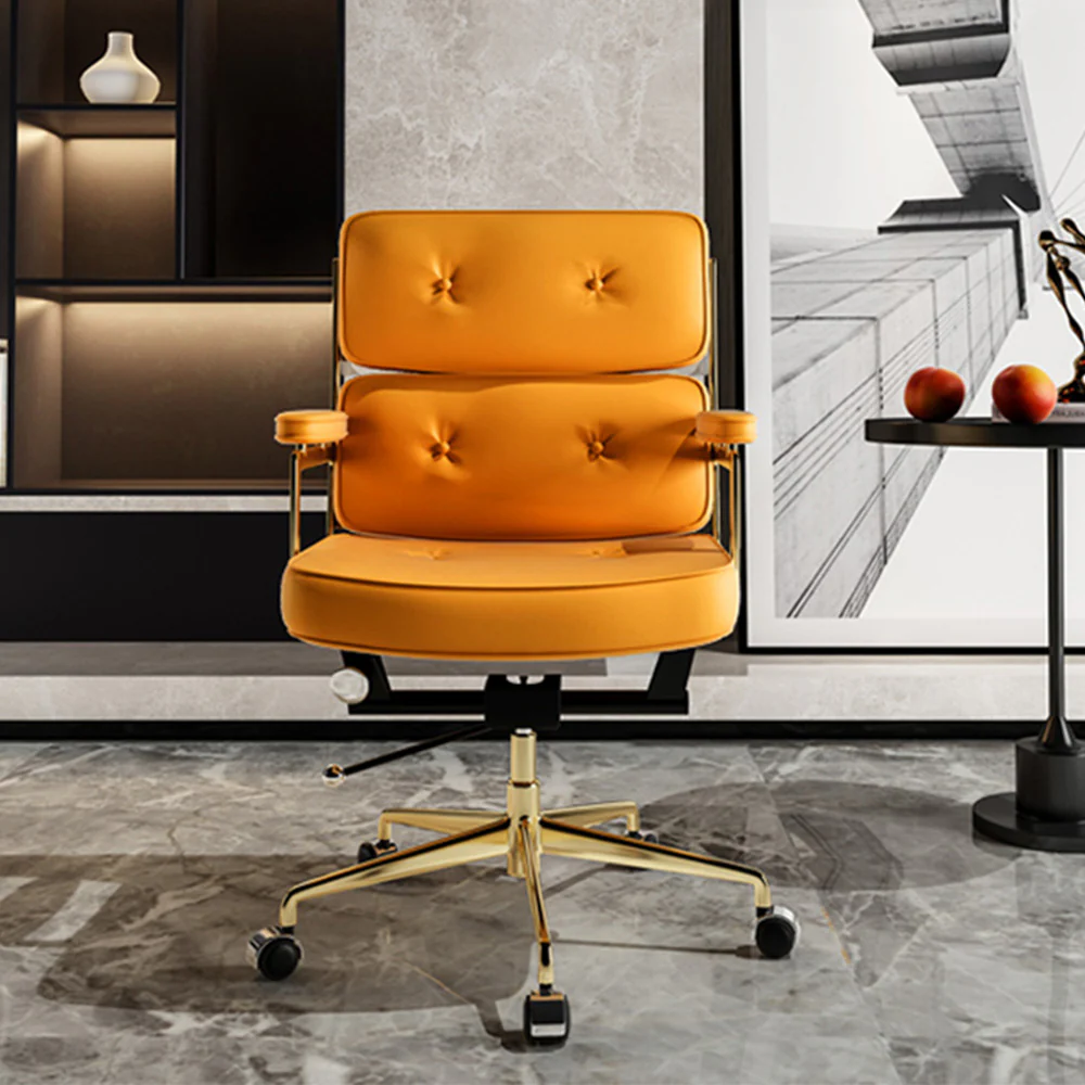 LIVARA Office Chair Tufted Backrest & Arm Support, Nappa Leather, High-Density Foam, Gas Lift & 360° Swivel - Yellow - Image 2