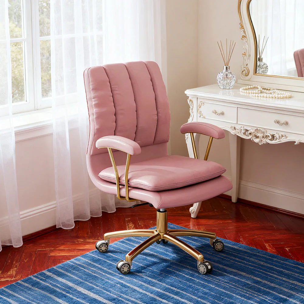 LIVARA Office Chair Microfiber Leather, High-Density Foam, 360° Swivel & Adjustable Height, Stainless Steel Base - Pink - Image 4