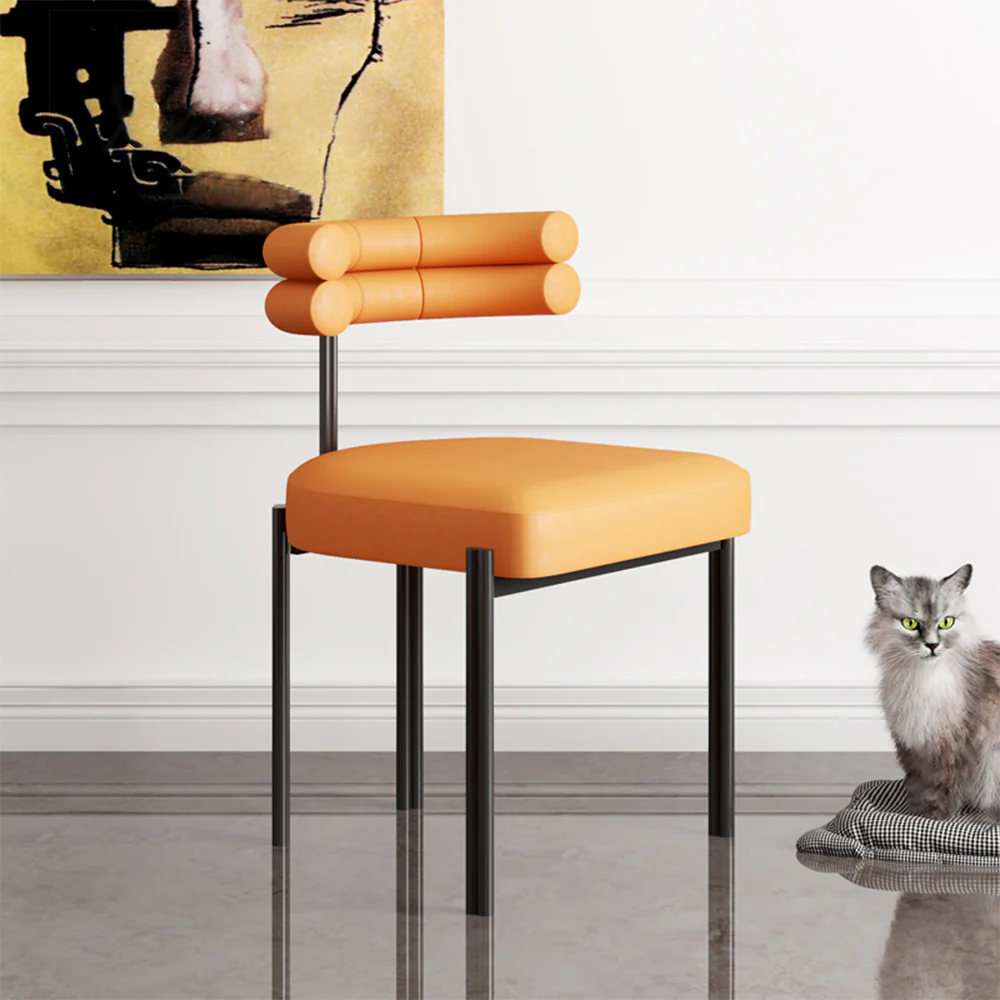 LIVARA Dining Chair Semi-Enclosed Design, Nappa Leather & Fabric, High-Density Foam, Carbon Steel Frame - Orange - Image 4