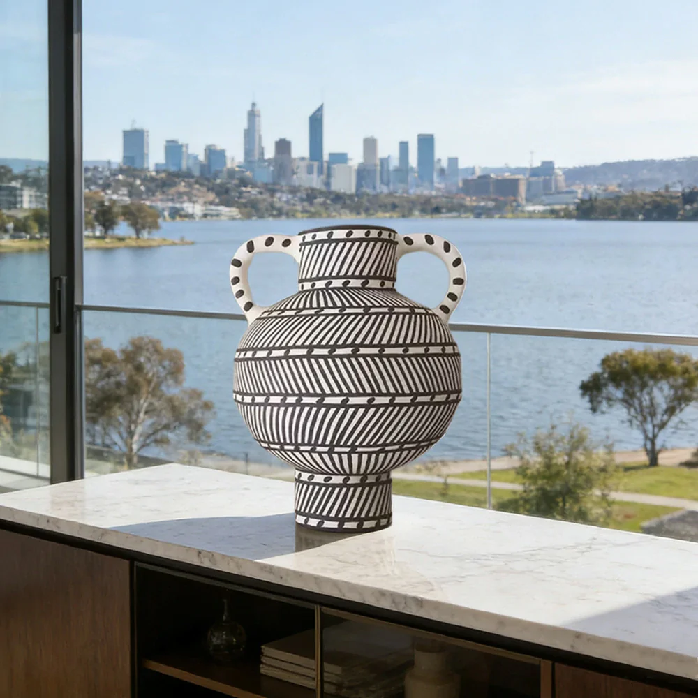 LIVARA Handcrafted Ceramic Vase - Sculptural Double-Handle Design with Graphic Line Pattern, Artistic Statement Decor for Modern Interiors - Black & White - Image 2