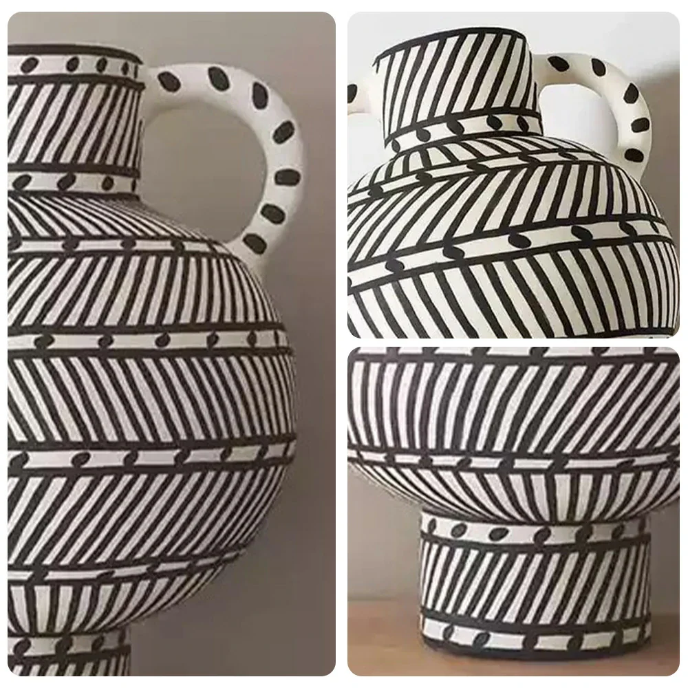 LIVARA Handcrafted Ceramic Vase - Sculptural Double-Handle Design with Graphic Line Pattern, Artistic Statement Decor for Modern Interiors - Black & White - Image 3