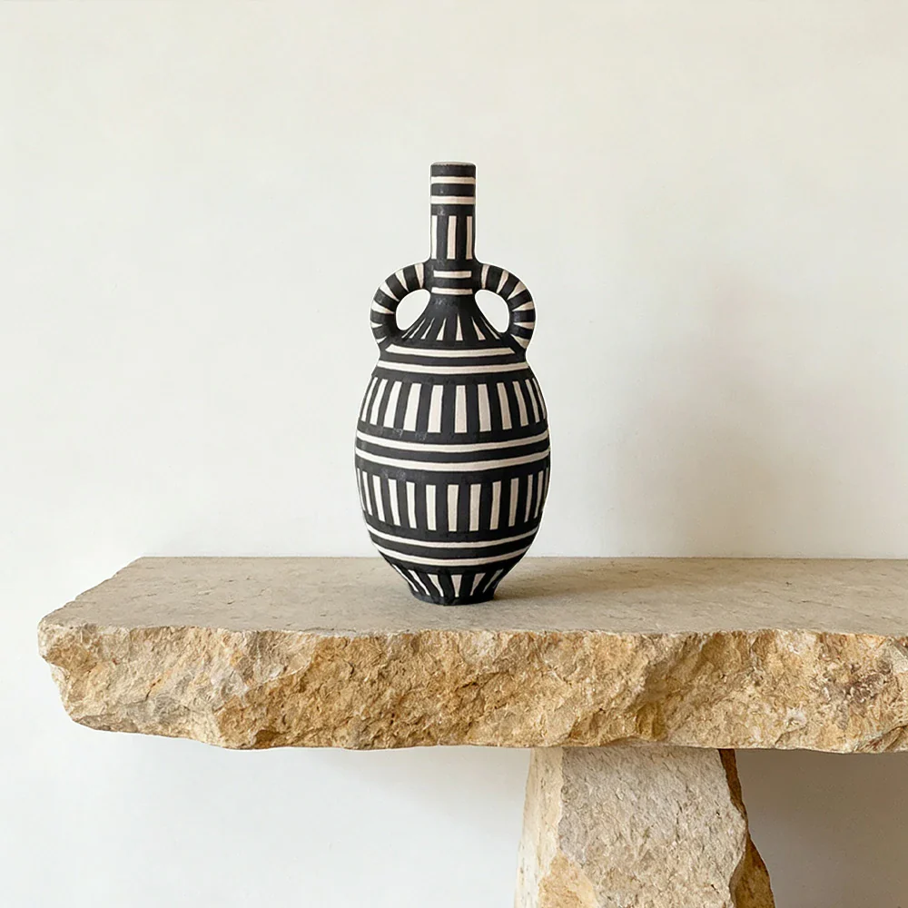 LIVARA Sculptural Ceramic Vase - Tall Double-Handle Form with Handcrafted Graphic Stripe Pattern, Artistic Statement Decor for Modern Interiors - Black & White - Image 2