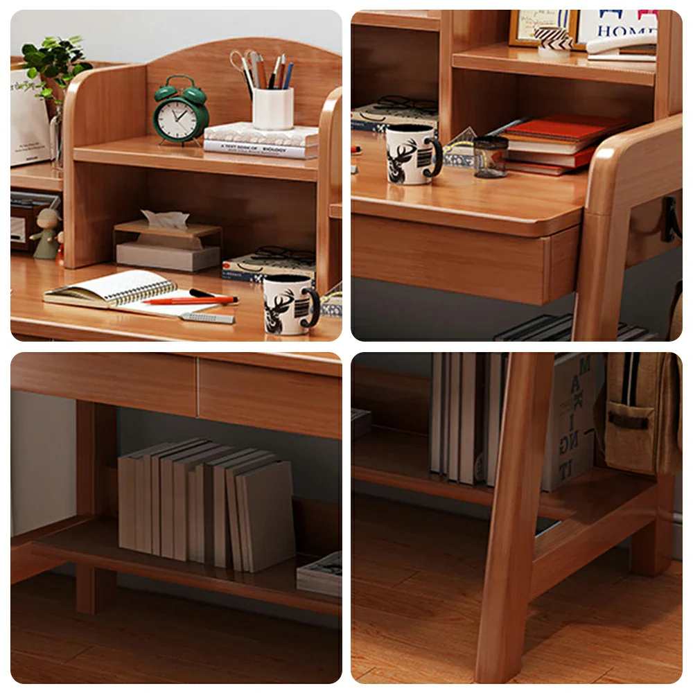 LIVARA Adjustable Solid Wood Study Desk - 80/100/120cm Height Adjustable Learning Table with Storage Shelf for Kids & Teens - Walnut - Image 3