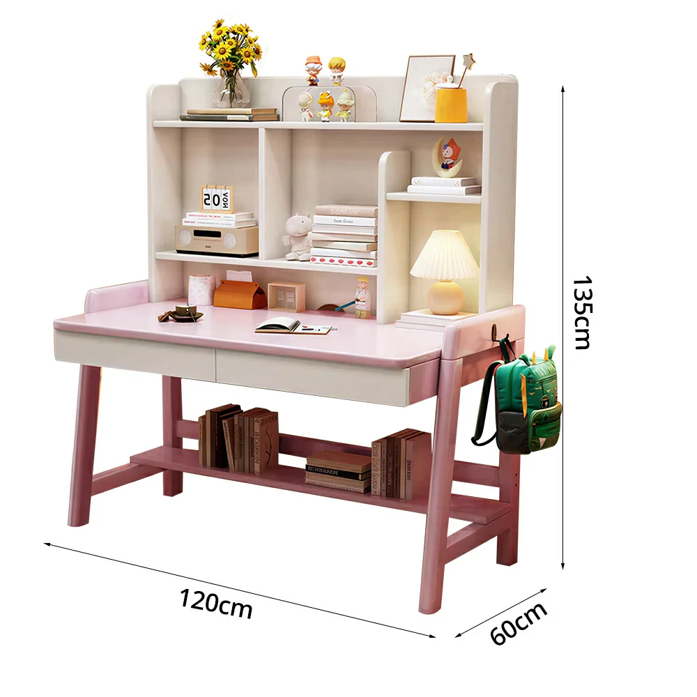 LIVARA Adjustable Solid Wood Study Desk - 80/100/120cm Height Adjustable Kids Learning Table with Storage Shelf - Pink & White - Image 7
