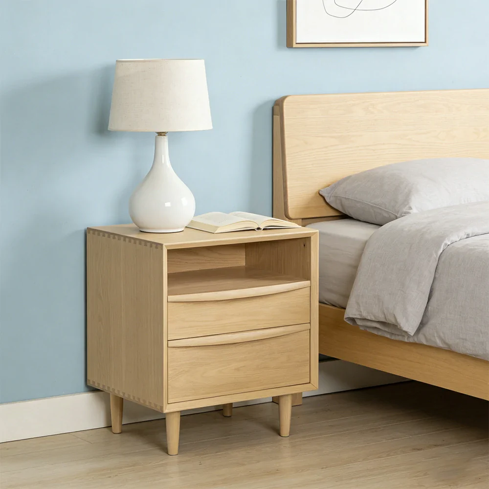 LIVARA Nordic Solid Pine Wood Nightstand - Double Drawer Bedside Table with Open Shelf, Curved Front & Raised Legs, Compact Storage Cabinet - Natural - Image 2