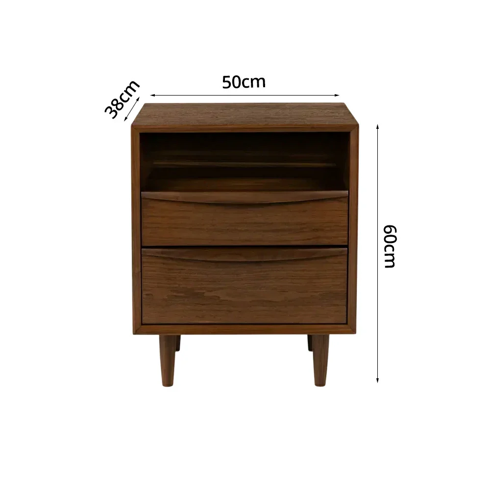 LIVARA Nordic New Zealand Pine Wood Nightstand - Double Drawer Bedside Table with Open Shelf, Curved Front & Raised Legs, Compact Storage Cabinet - Walnut - Image 5