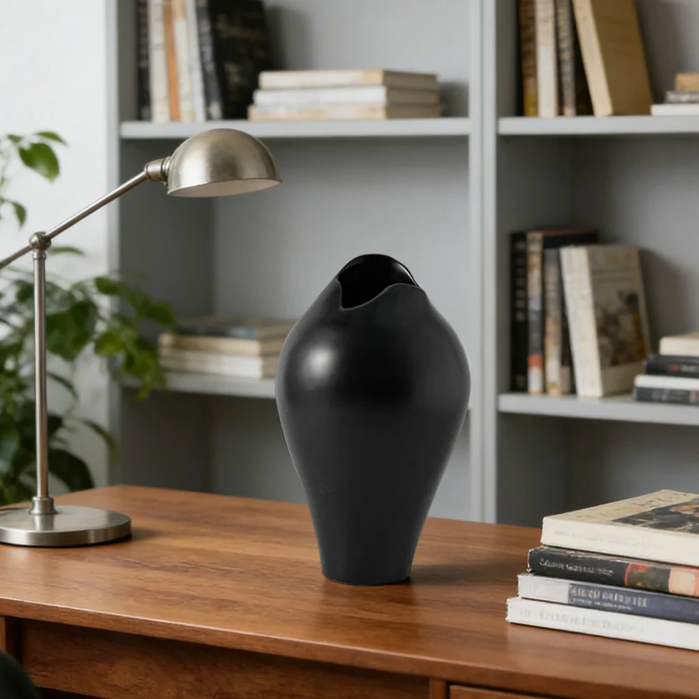 LIVARA Ceramic Vase Ornament Tropical Mid-Century Black Artistic Display Matte Ceramic Handcrafted Stone-Texture Design - Black - Image 4