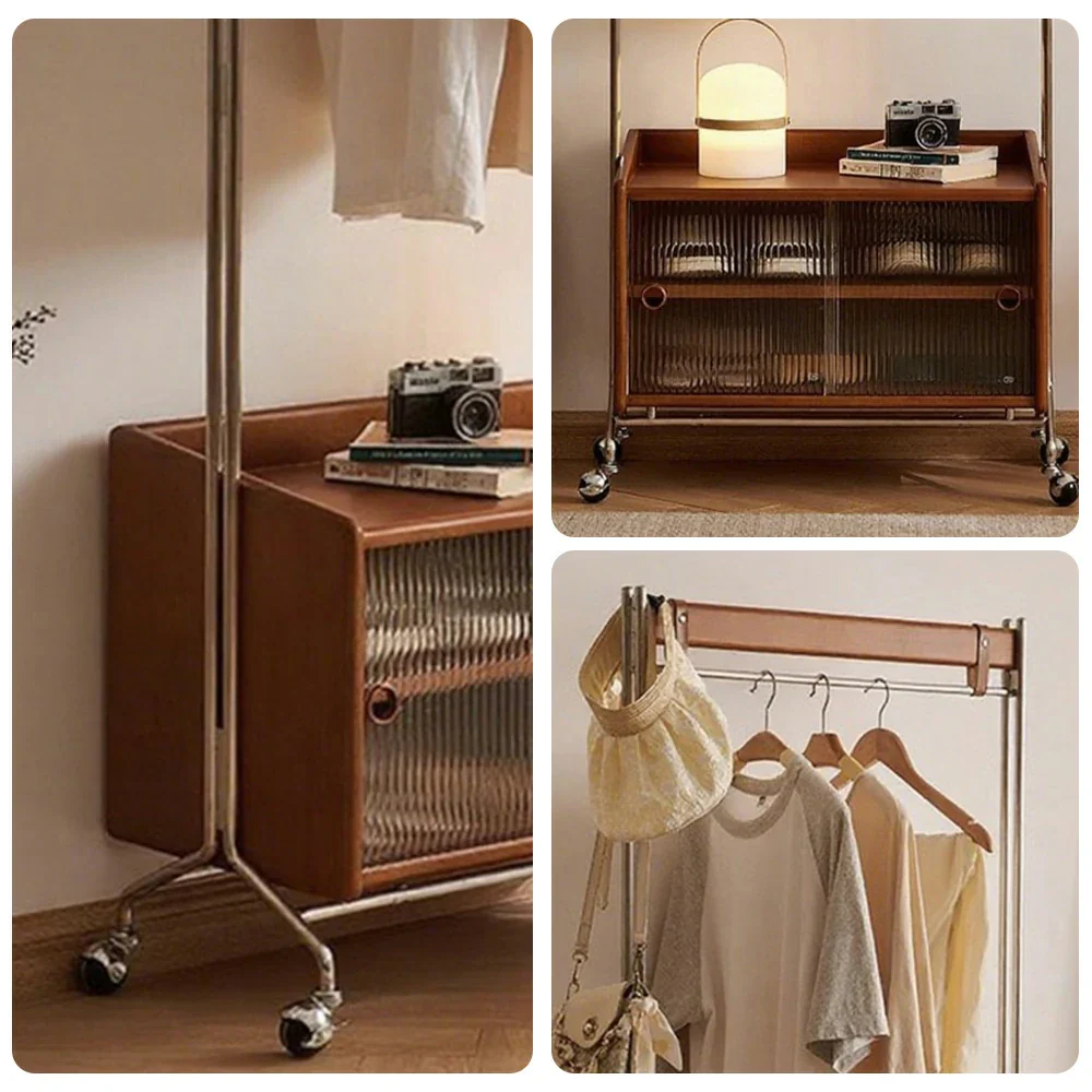 LIVARA 1121 Freestanding Clothes Rack, Multi-Functional Storage & Clothing Stand, Solid Wood & Stainless Steel, Glass Door & Swivel Casters - Wood - Image 3