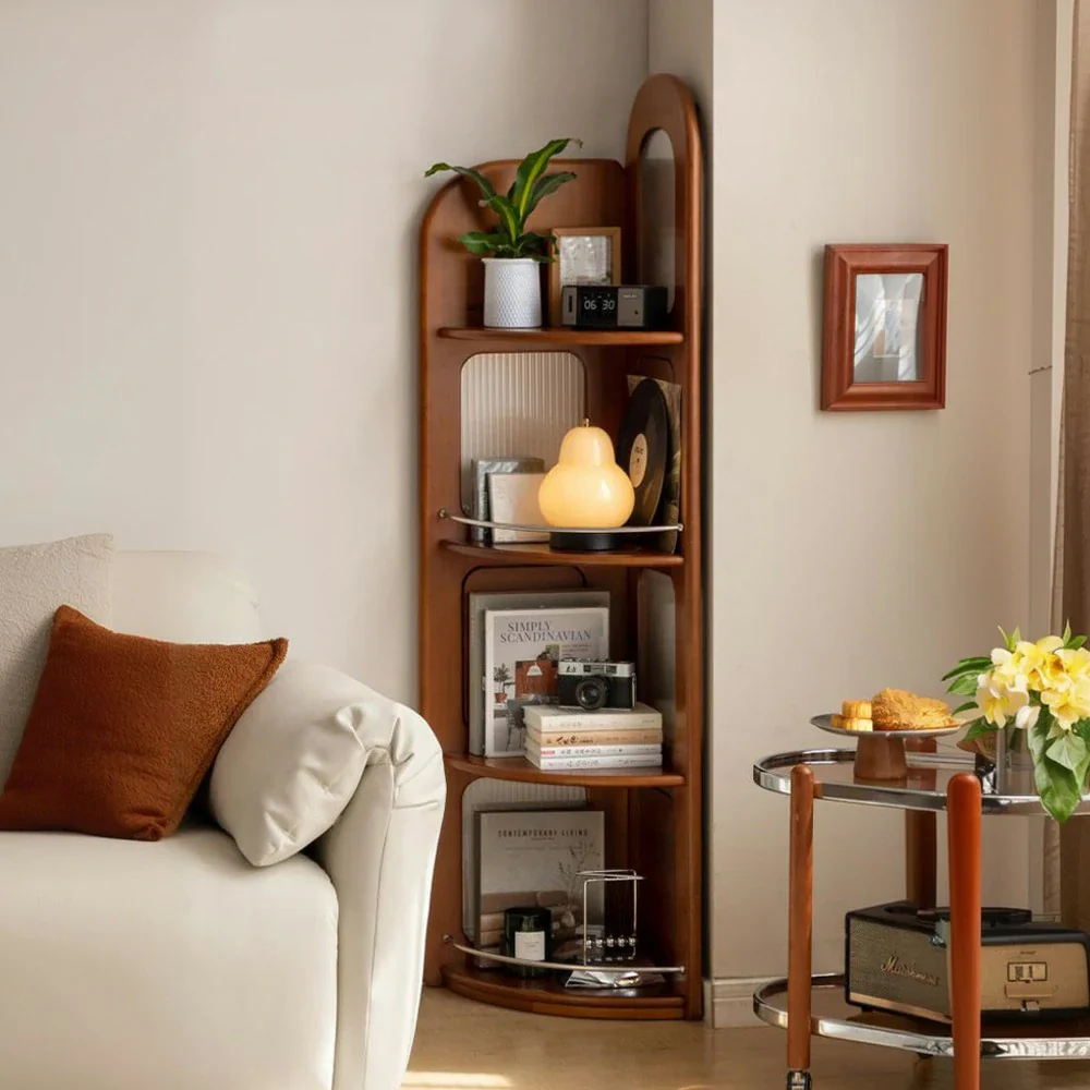 LIVARA 1150 Corner Bookshelf – Solid Wood Frame, Modern Stainless Steel and Acrylic Accents, Perfect for Efficient Corner Use – Sleek and Stylish Design - Wood - Image 2