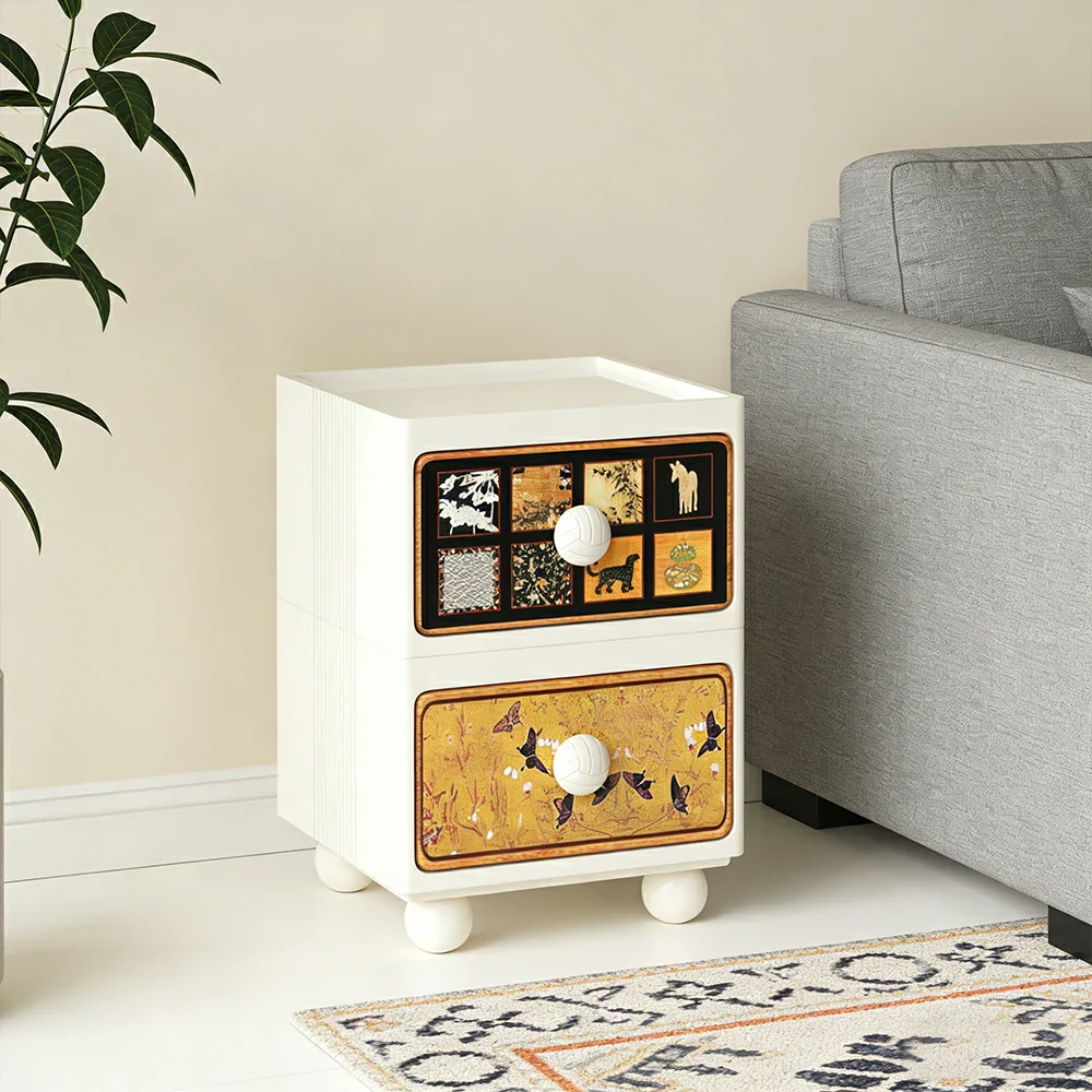 LIVARA Vintage Pony Nightstand - Double Drawer Bedside Table with Eco PE Body, Rounded Edges & Decorative Art Panels, Compact Storage Cabinet - Cream White - Image 4