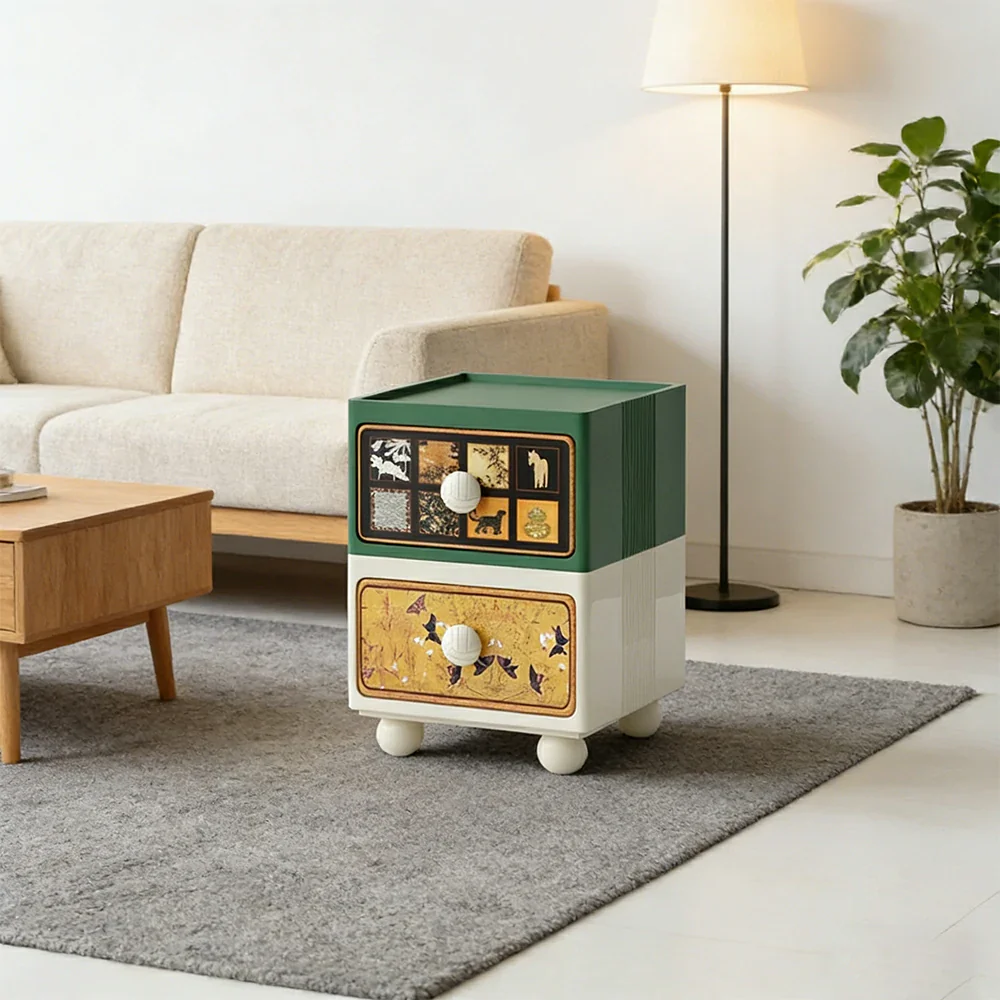 LIVARA Vintage Pony Nightstand – Double Drawer Bedside Table with Eco PE Body, Rounded Edges & Decorative Art Panels, Compact Storage Cabinet - Retro Green & Cream Pony - Image 2
