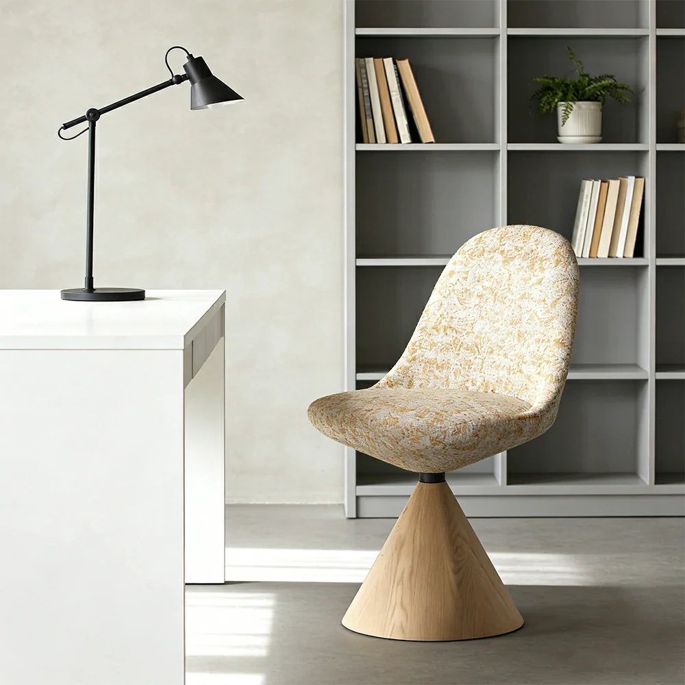 LIVARA Nordic Swivel Accent Chair - Three Hundred Sixty Degree Rotating Seat, Knitted Mixed-Color Upholstery, Solid Wood Cone Base, Modern Designer Lounge Chair - Natural Wood & Beige Snowflake - Image 2