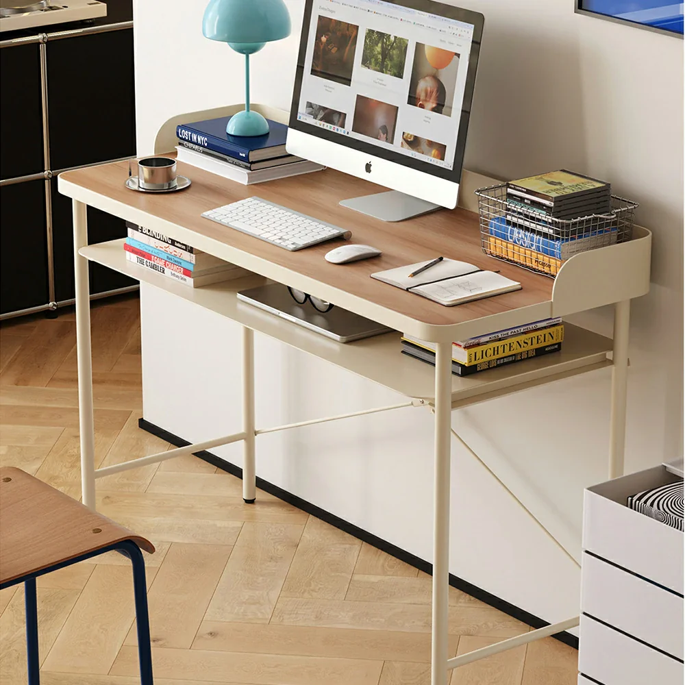 LIVARA Minimalist Study Desk - Dual-Tier Workstation with Steel Frame Support, Raised Back Panel, Spacious Storage Shelf, Modern Home Office Table - Cream White - Image 2