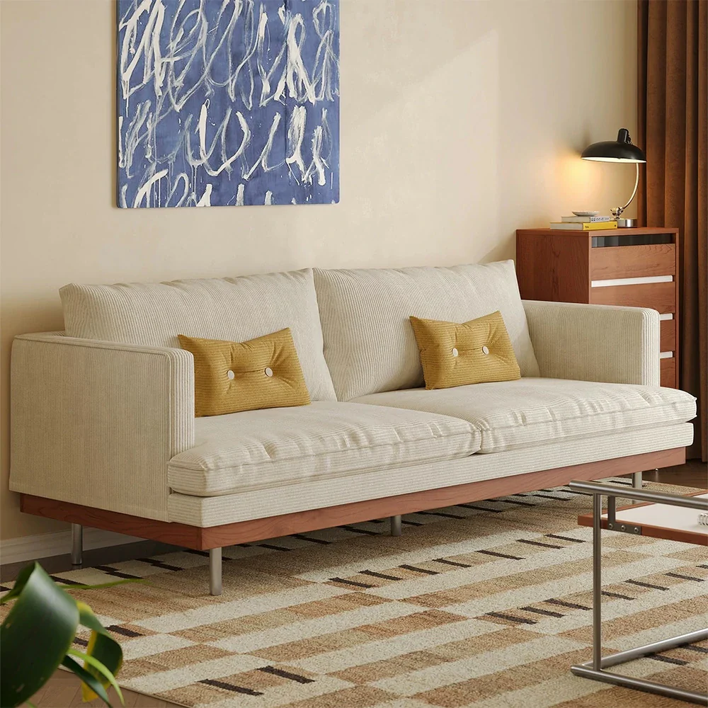 LUXORA 9951 220cm Corduroy Straight Sofa, Solid Larch Frame, Plush Filling, Rubberwood Base, Stainless Steel Legs - White - Image 2