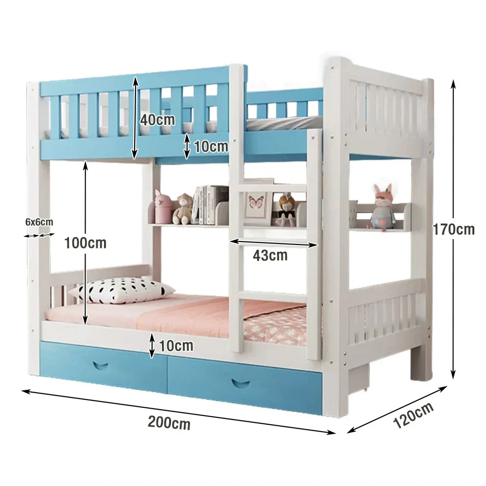 Installation Included LUXORA Bunk Bed Eco-Friendly Solid Wood, 120/135/150cm, Built-in Bookshelf, Dual Under-Bed Storage Drawers, Flexible Ladder - Blue - Image 5