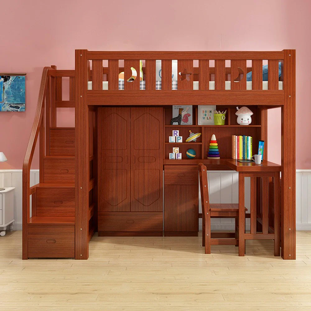Installation Included LUXORA Multifunctional Bunk Bed 120/135/150cm Eco-Friendly Solid Wood, 40cm Guardrails, Built-in Desk Bookshelf Wardrobe, Wide Safe Ladder - Brown - Image 2