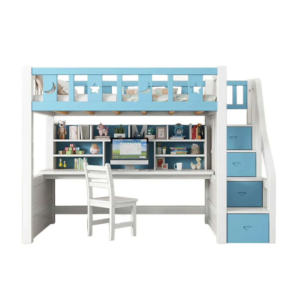 Installation Included LUXORA Multifunctional Bunk Bed 120/135/150cm Eco-Friendly Solid Wood, Built-in Desk with Bookshelf, Extra Storage Cabinet, Wide Safe Ladder - Blue