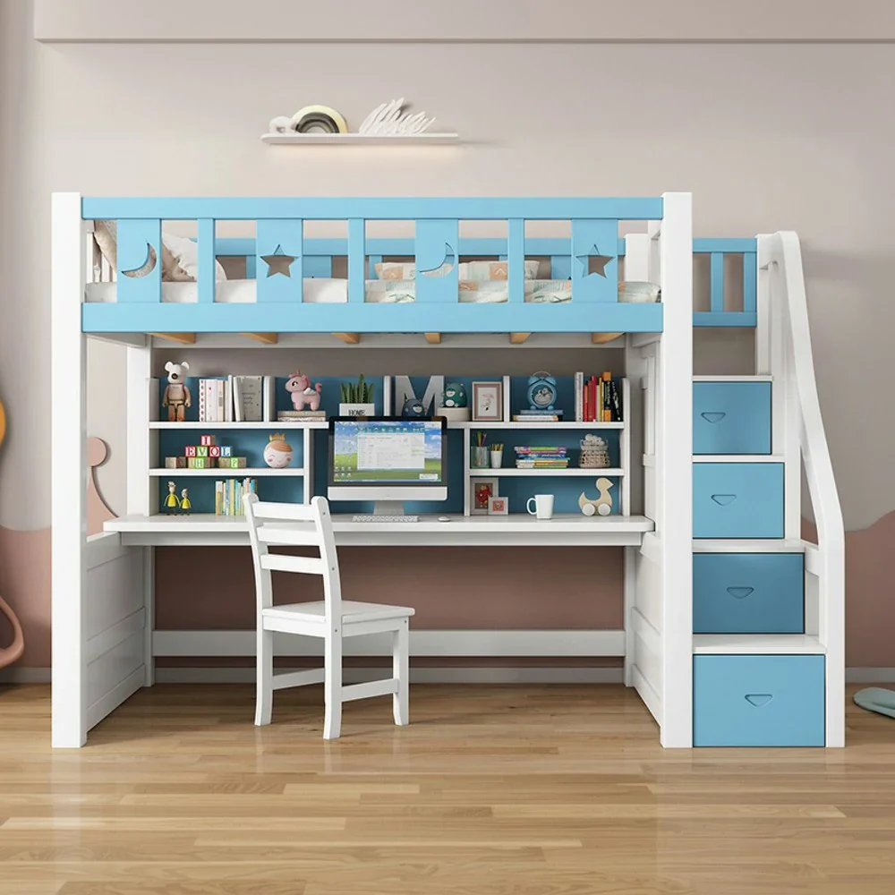Installation Included LUXORA Multifunctional Bunk Bed 120/135/150cm Eco-Friendly Solid Wood, Built-in Desk with Bookshelf, Extra Storage Cabinet, Wide Safe Ladder - Blue - Image 2