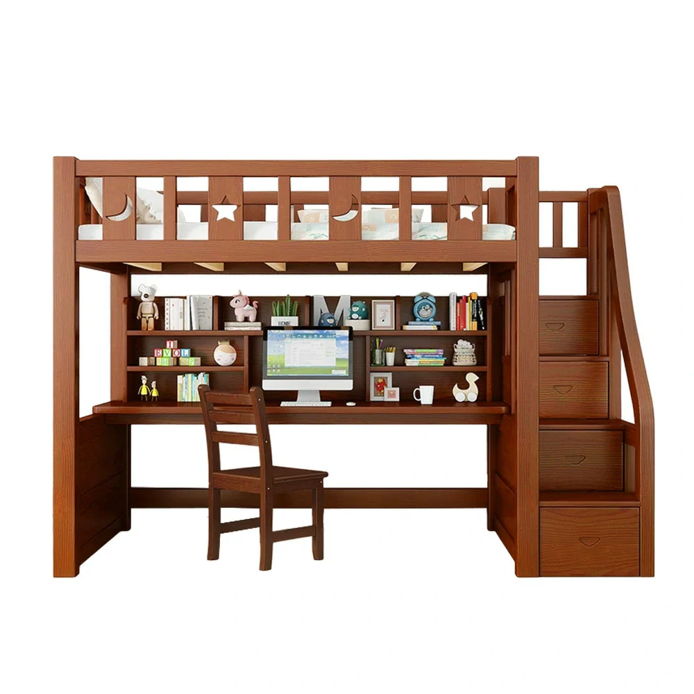 Installation Included LUXORA Multifunctional Bunk Bed 120/135/150cm Eco-Friendly Solid Wood, Built-in Desk with Bookshelf, Extra Storage Cabinet, Wide Safe Ladder - Brown