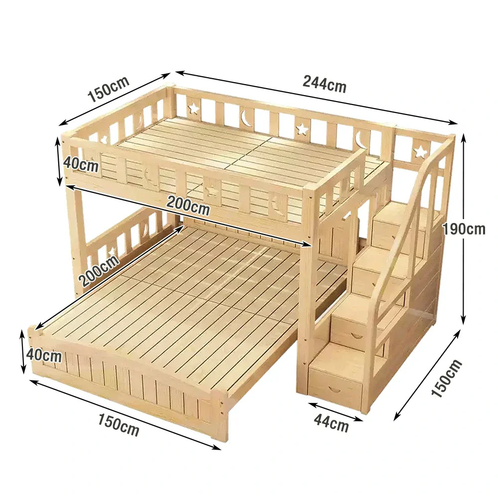 Installation Included LUXORA Bunk Bed 120/135/150cm - Eco-Friendly Solid Wood, Reinforced Legs with Protective Edging, Wide Ladder Cabinet, Safe and Durable Design - Wood - Image 7