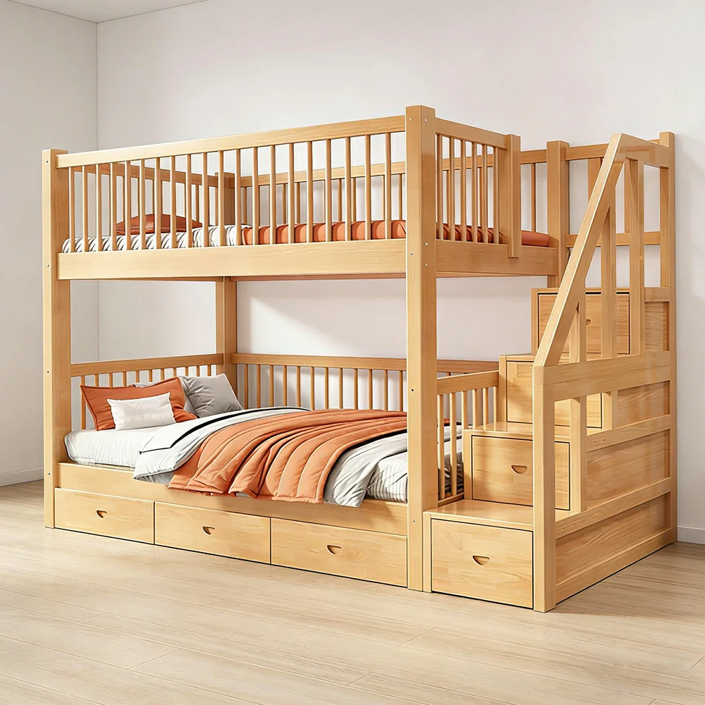 LUXORA 100/120cm Kids Bunk Bed Solid Pine Wood Frame with 3 Drawer Storage Stairs Equal Width Top and Bottom Safety Design - Image 2