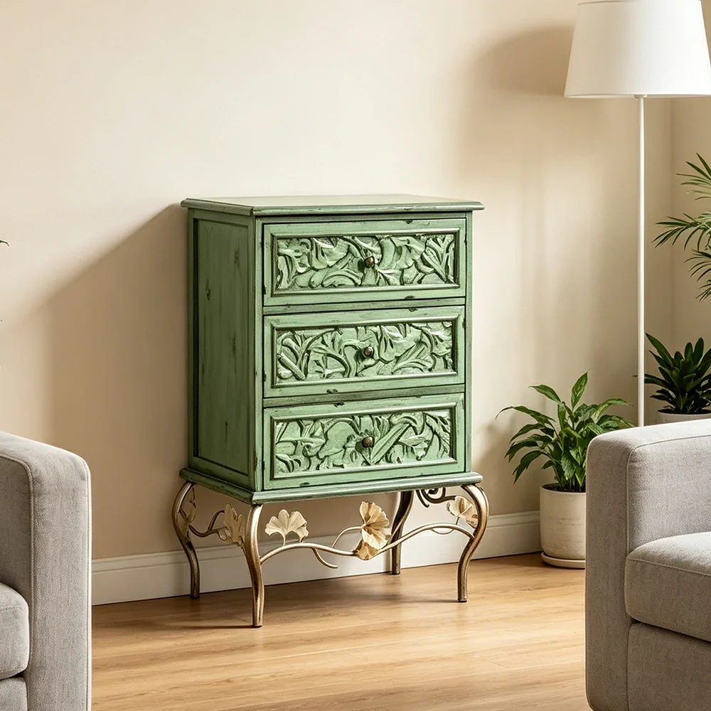 LIVARA 3-Drawer Cabinet - Vintage Carved Storage Chest for Bedroom Entryway - Green - Image 2