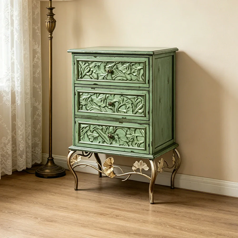 LIVARA 3-Drawer Cabinet - Vintage Carved Storage Chest for Bedroom Entryway - Green - Image 6