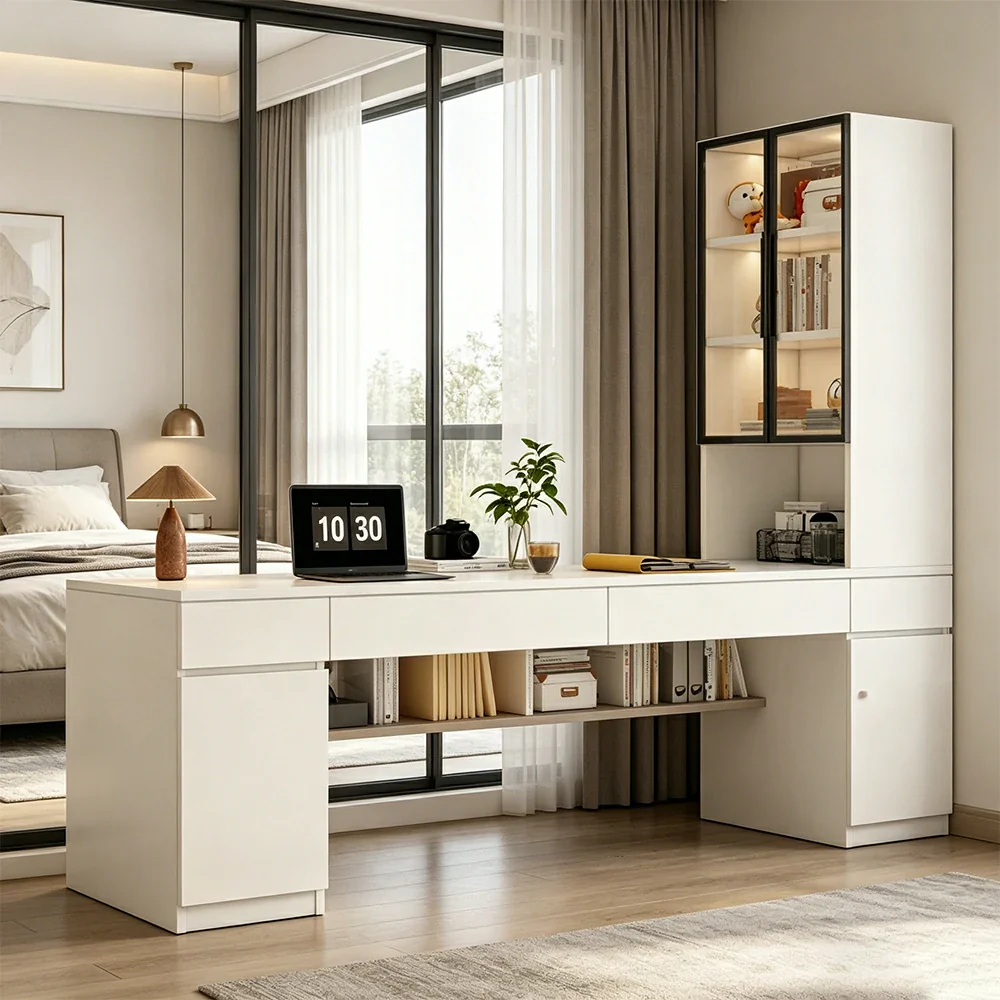LUXORA 160cm Desk with Right Storage Cabinet & Glass Display Shelves for Home Office - Warm White - Image 4