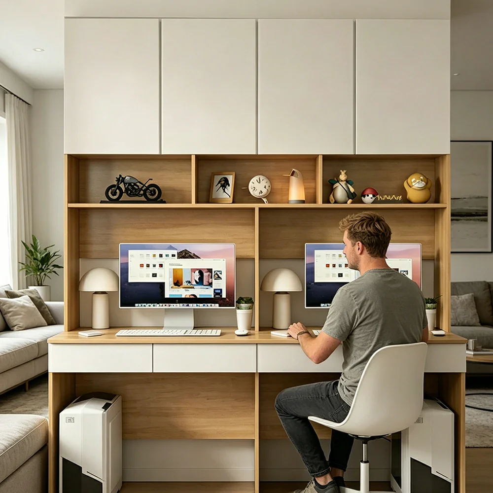 LUXORA D Style Desk with Right Bookshelf Storage Cabinet & Drawers for Home Office - Oak White - Image 6